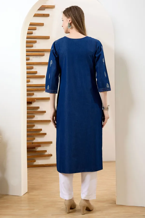 Blue_V_Neck_Straight_Long_Denim_Kurta_With_Ethnic_Print_And_Thread_Work