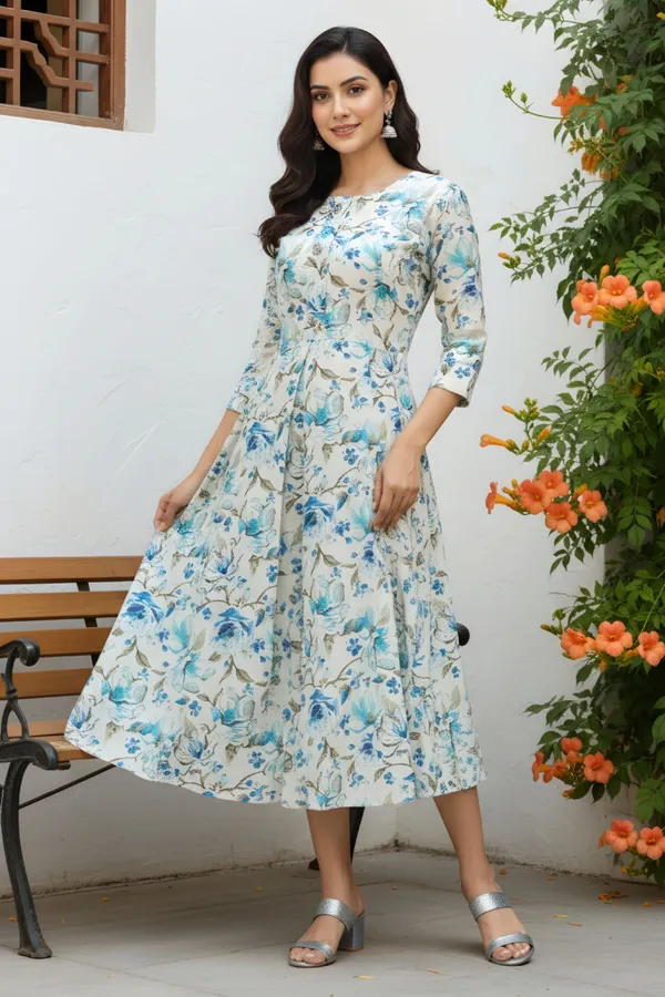 Blue_Flower_Print_Linen_Cotton_Flaird_Long_Kurta_For_Women