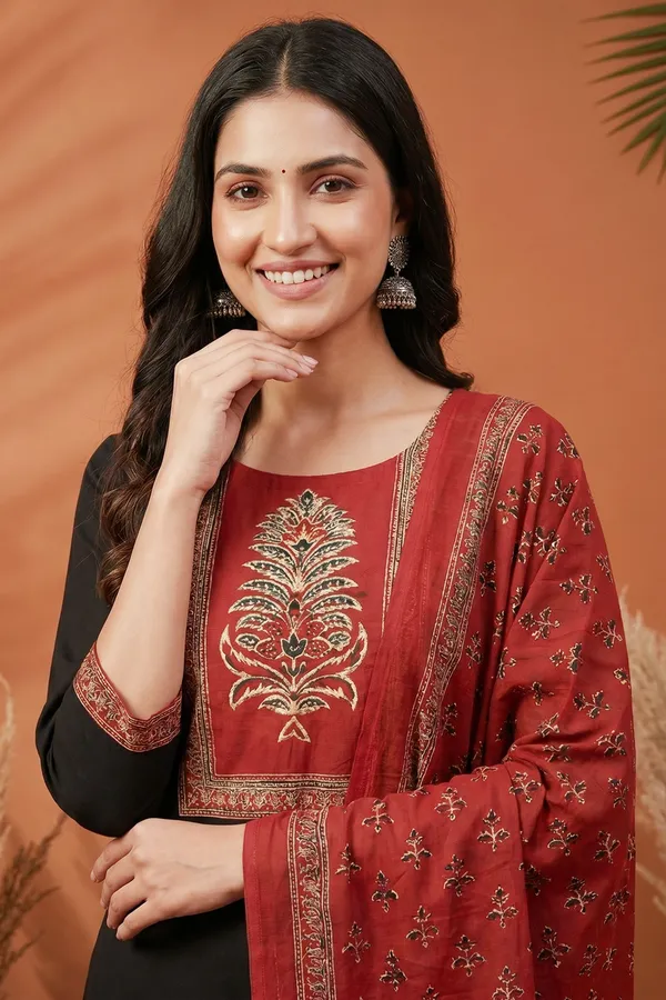 Black_Jaipuri_Cotton_Kurta_Pant_Dupatta_Set_With_Printed_Yoke_And_Dupatta