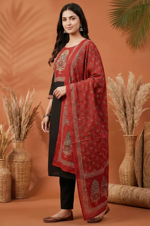 Black_Jaipuri_Cotton_Kurta_Pant_Dupatta_Set_With_Printed_Yoke_And_Dupatta
