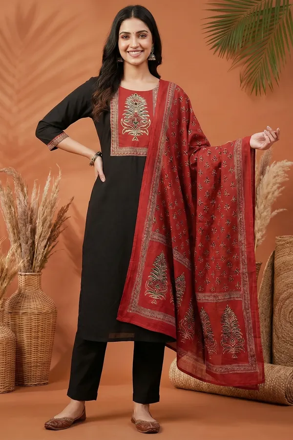 Black_Jaipuri_Cotton_Kurta_Pant_Dupatta_Set_With_Printed_Yoke_And_Dupatta