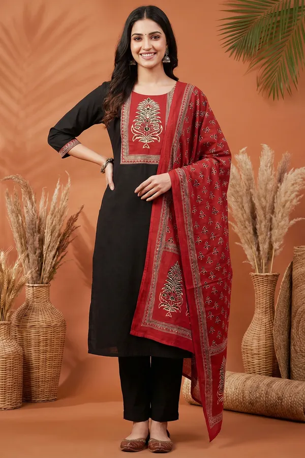 Black_Jaipuri_Cotton_Kurta_Pant_Dupatta_Set_With_Printed_Yoke_And_Dupatta
