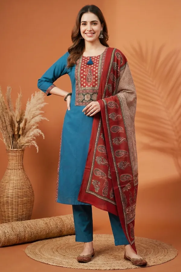 Teal_Jaipuri_Cotton_Kurta_Pant_Dupatta_Set_With_Printed_Yoke_And_Dupatta