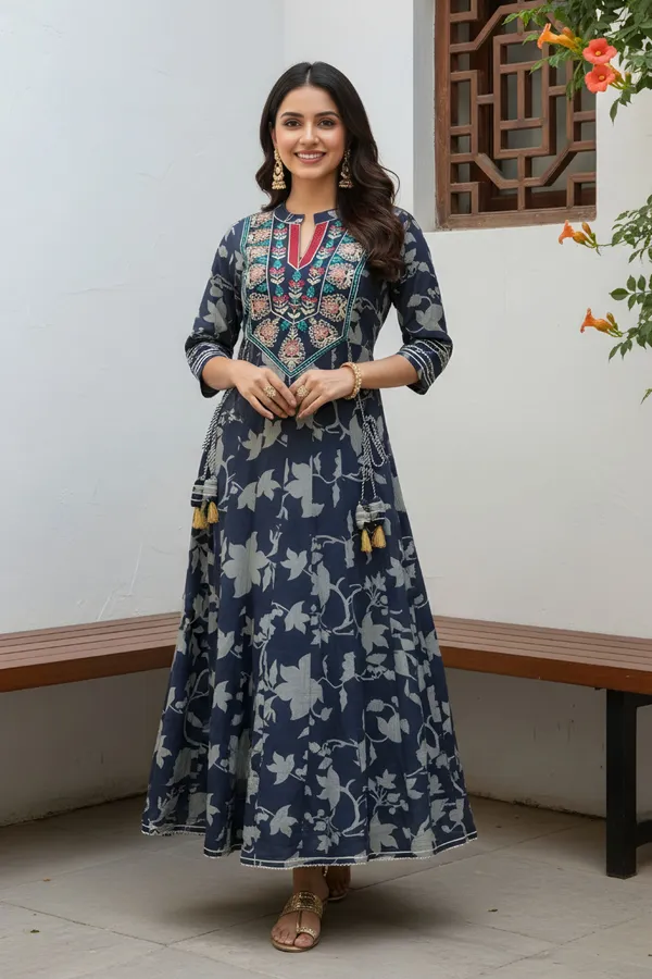 Navy_Blue_Cotton_Anarkali_With_Embroidery_Yoke_and_Tussles