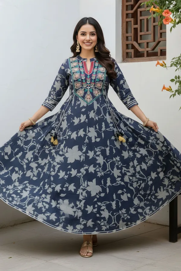 Navy_Blue_Cotton_Anarkali_With_Embroidery_Yoke_and_Tussles
