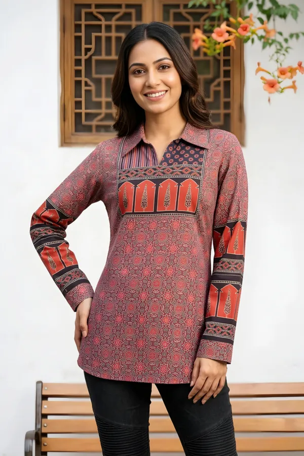 Rustic_Rust_Womens_Modal_Azrakh_Print_Shirt_Style_Kurti_Top
