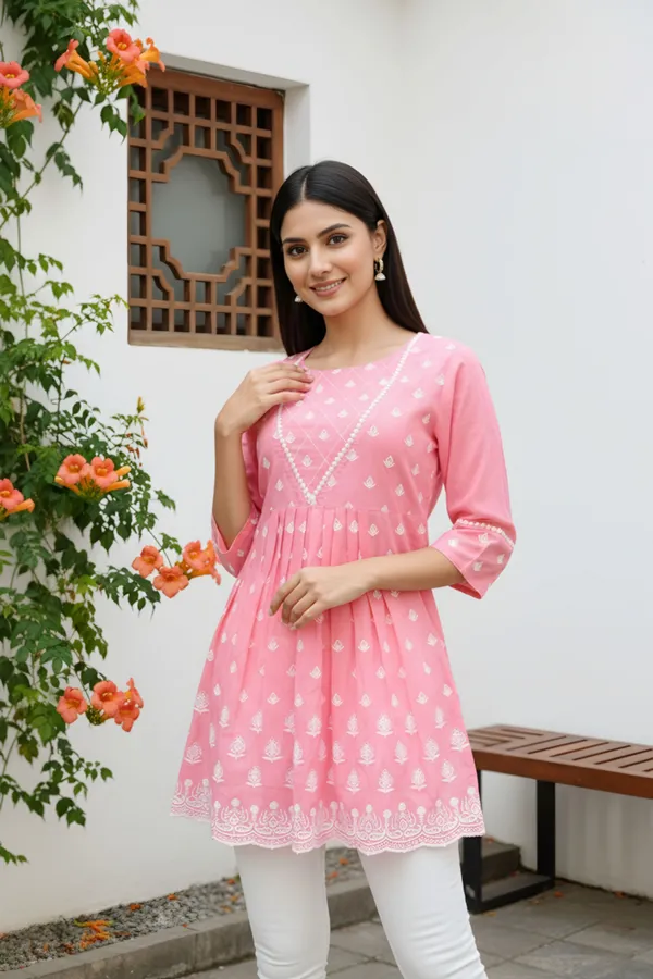 Women_Rose_Pink_Chikankari_Embroidered_Peplum_Short_Kurti