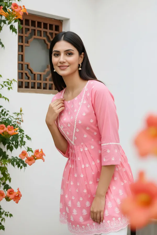 Women_Rose_Pink_Chikankari_Embroidered_Peplum_Short_Kurti
