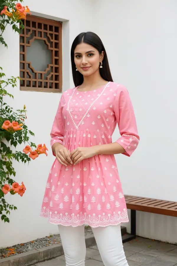 Women_Rose_Pink_Chikankari_Embroidered_Peplum_Short_Kurti