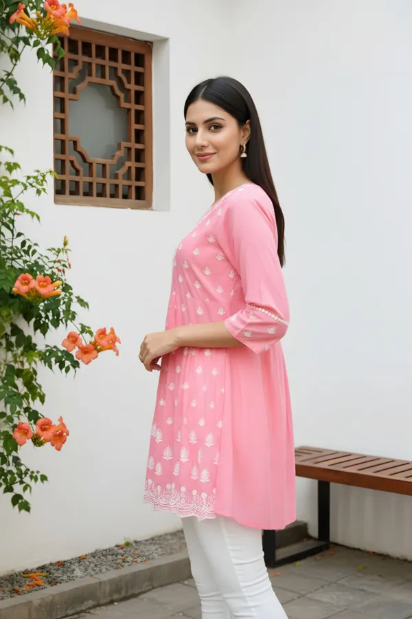 Women_Rose_Pink_Chikankari_Embroidered_Peplum_Short_Kurti