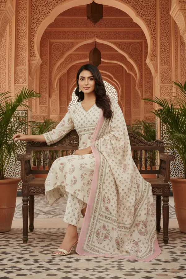 White_Jaipuri_Cotton_Kurta_Pant_Dupatta_Set_With_Printed_Yoke_And_Dupatta