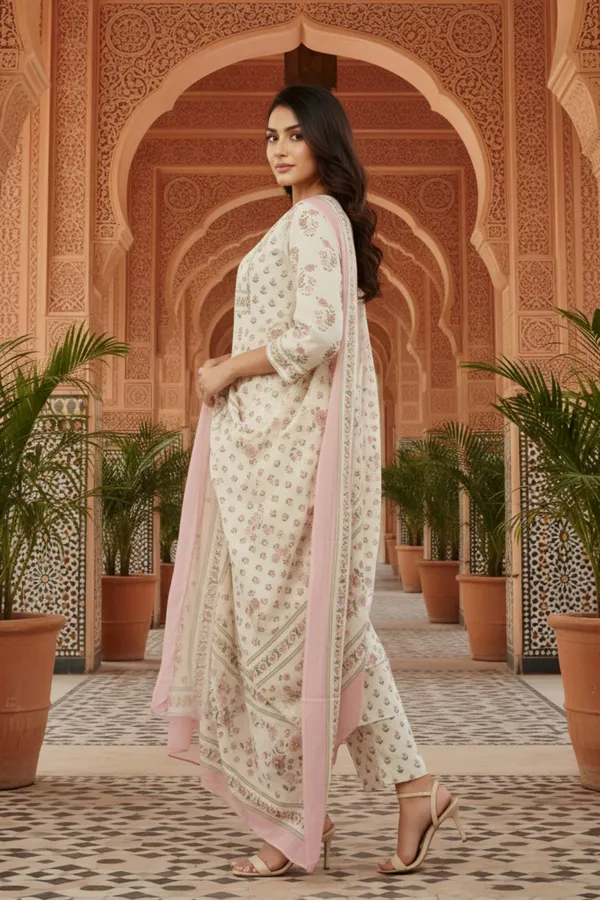 White_Jaipuri_Cotton_Kurta_Pant_Dupatta_Set_With_Printed_Yoke_And_Dupatta