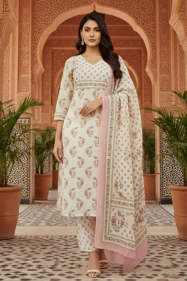 White_Jaipuri_Cotton_Kurta_Pant_Dupatta_Set_With_Printed_Yoke_And_Dupatta