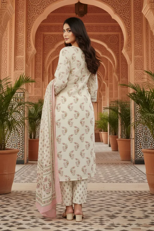 White_Jaipuri_Cotton_Kurta_Pant_Dupatta_Set_With_Printed_Yoke_And_Dupatta