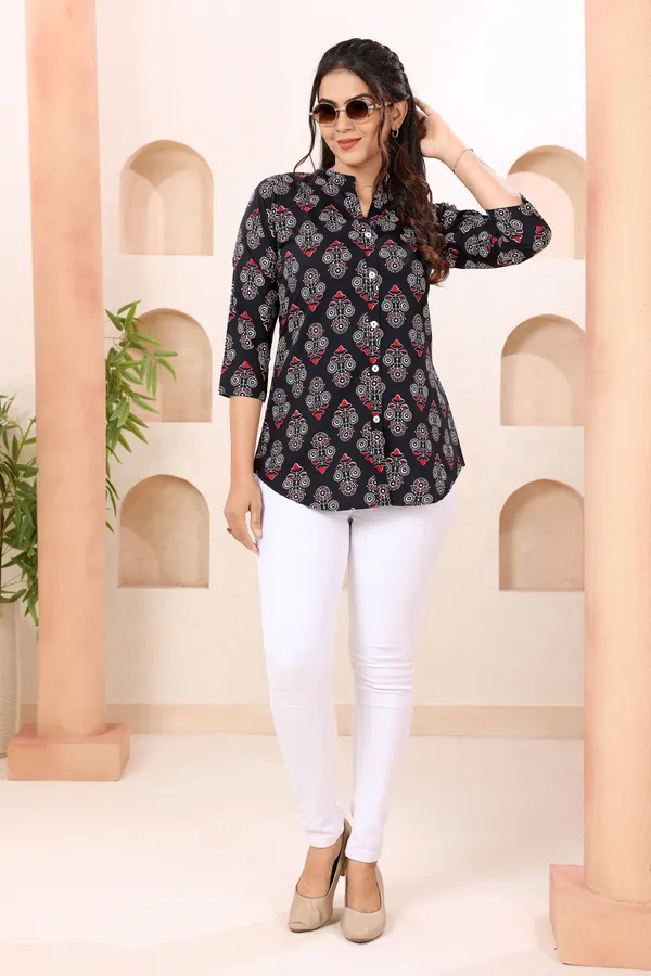 Bold_Black_Ban_Collar_Short_Tunic_Top_for_Women
