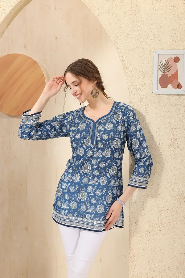 Blue_Elegant_Floral_Print_Cotton_Short_Kurti_with_Round_Neck