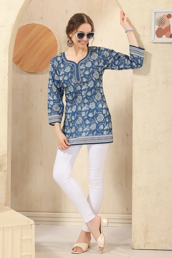 Blue_Elegant_Floral_Print_Cotton_Short_Kurti_with_Round_Neck