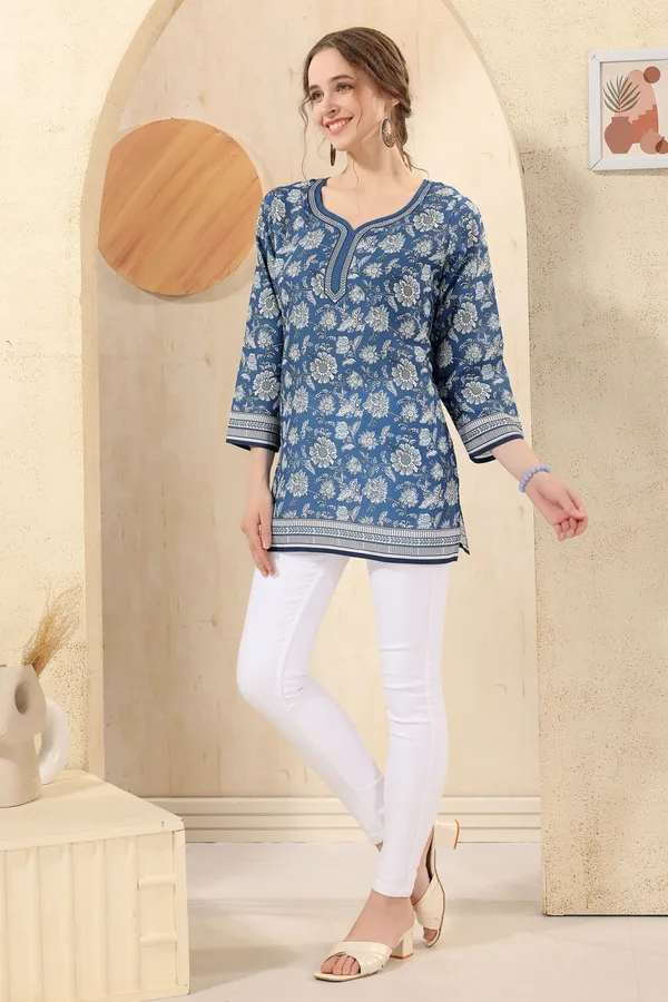 Blue_Elegant_Floral_Print_Cotton_Short_Kurti_with_Round_Neck
