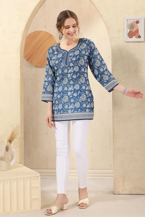 Blue_Elegant_Floral_Print_Cotton_Short_Kurti_with_Round_Neck