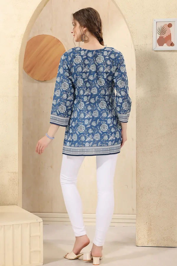 Blue_Elegant_Floral_Print_Cotton_Short_Kurti_with_Round_Neck