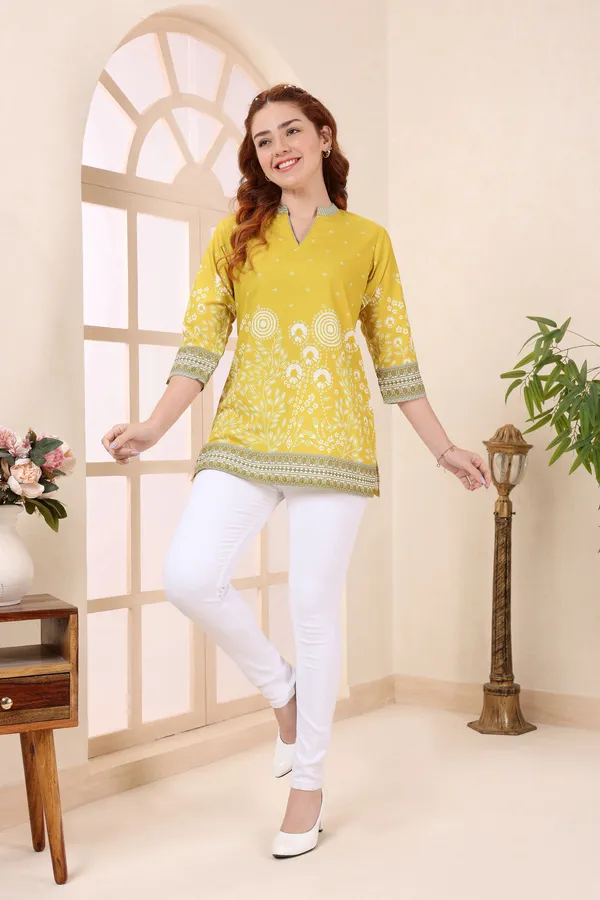 Yellow_Cotton_Short_Kurti_Tunic_Top_with_Floral_Print_for_Women