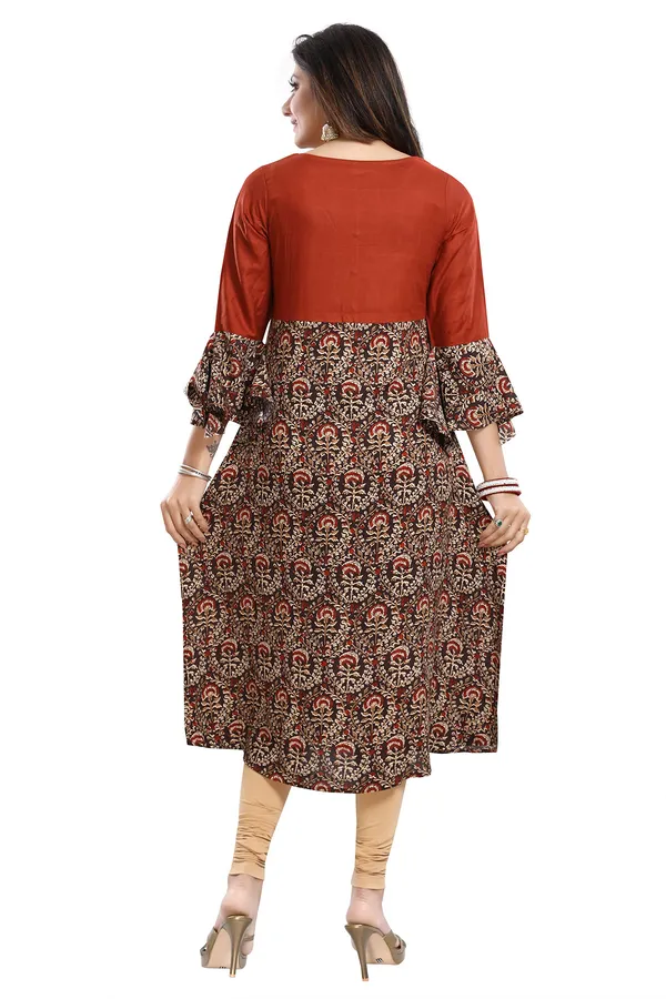 Rust_Rayon_Printed_Flared_Long_Tunic_With_Floral_Embroidery_and_Designer_Umbrella_Sleeves