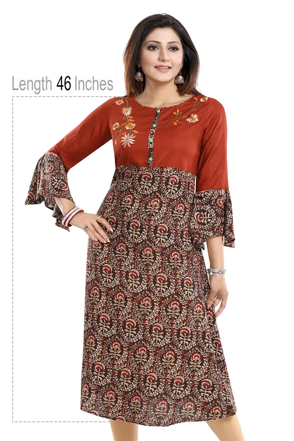 Rust_Rayon_Printed_Flared_Long_Tunic_With_Floral_Embroidery_and_Designer_Umbrella_Sleeves