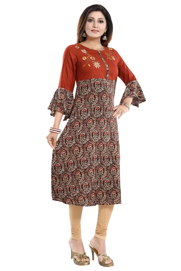 Rust_Rayon_Printed_Flared_Long_Tunic_With_Floral_Embroidery_and_Designer_Umbrella_Sleeves