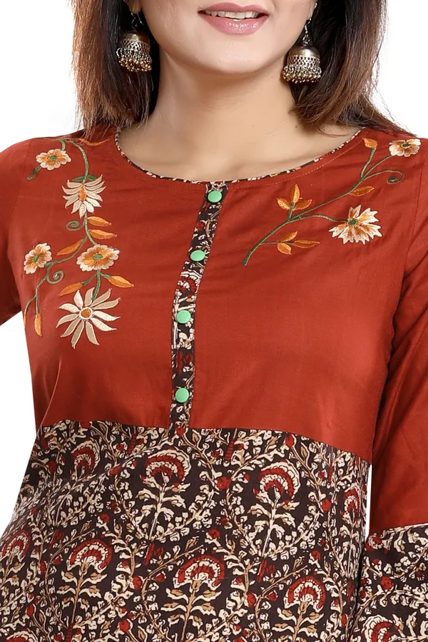 Rust_Rayon_Printed_Flared_Long_Tunic_With_Floral_Embroidery_and_Designer_Umbrella_Sleeves