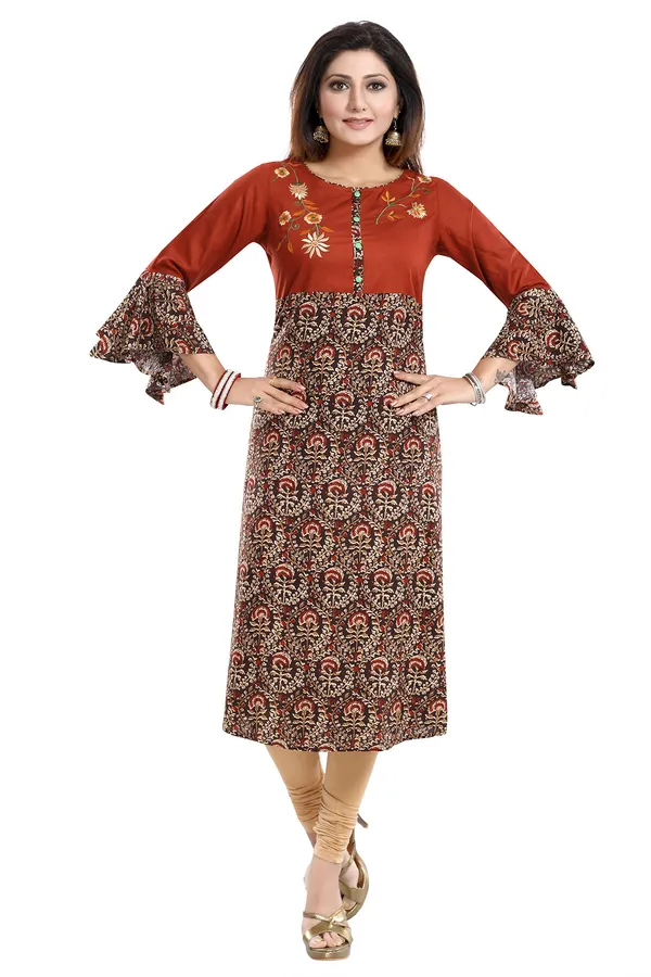 Rust_Rayon_Printed_Flared_Long_Tunic_With_Floral_Embroidery_and_Designer_Umbrella_Sleeves