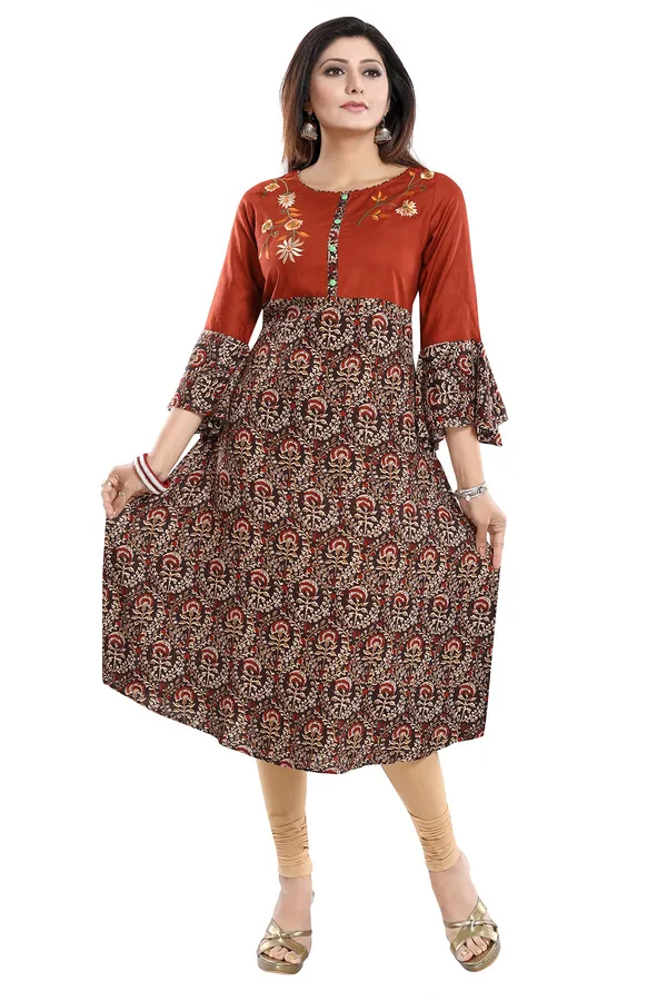 Rust_Rayon_Printed_Flared_Long_Tunic_With_Floral_Embroidery_and_Designer_Umbrella_Sleeves