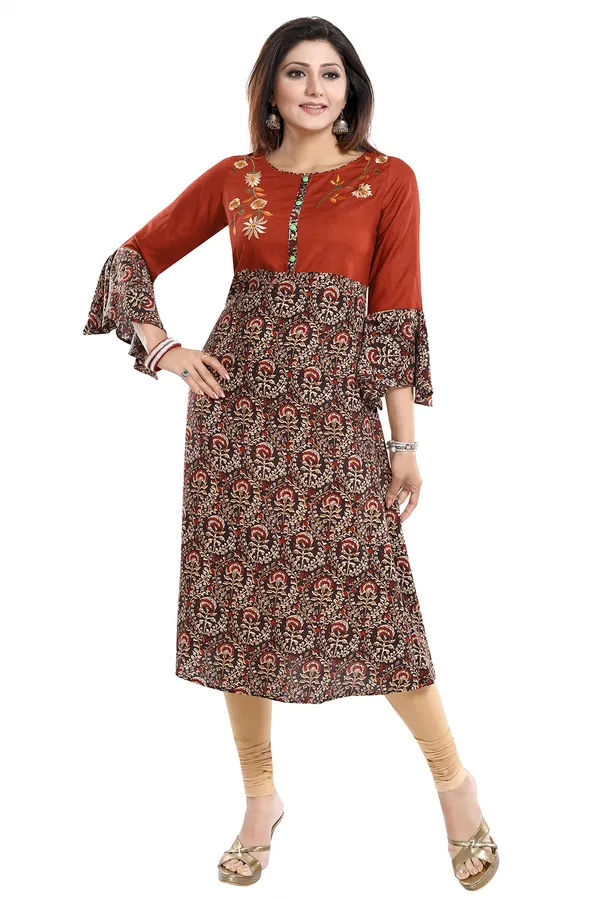 Rust_Rayon_Printed_Flared_Long_Tunic_With_Floral_Embroidery_and_Designer_Umbrella_Sleeves