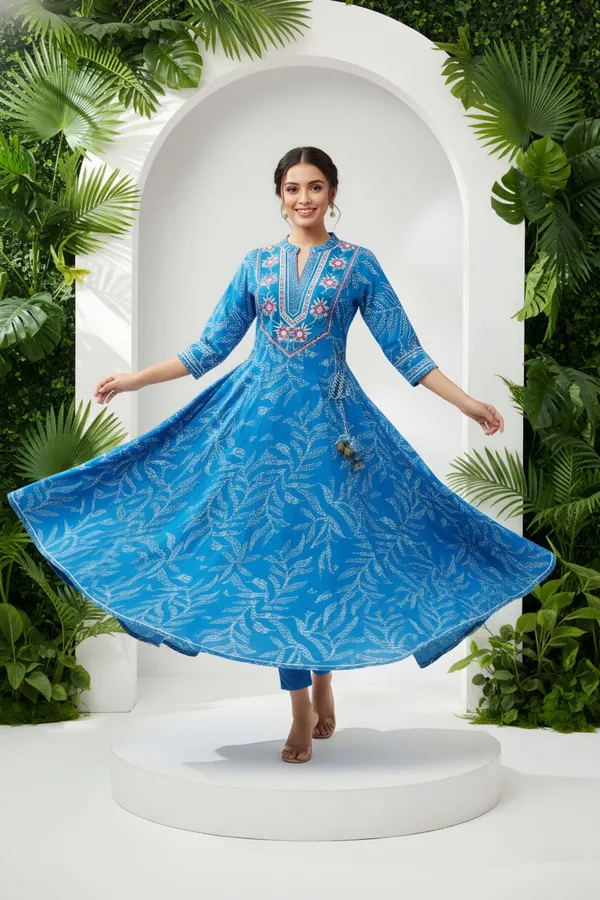 Choice_Turquoise_Cotton_Anarkali_With_Embroidery_Yoke_and_Tussles
