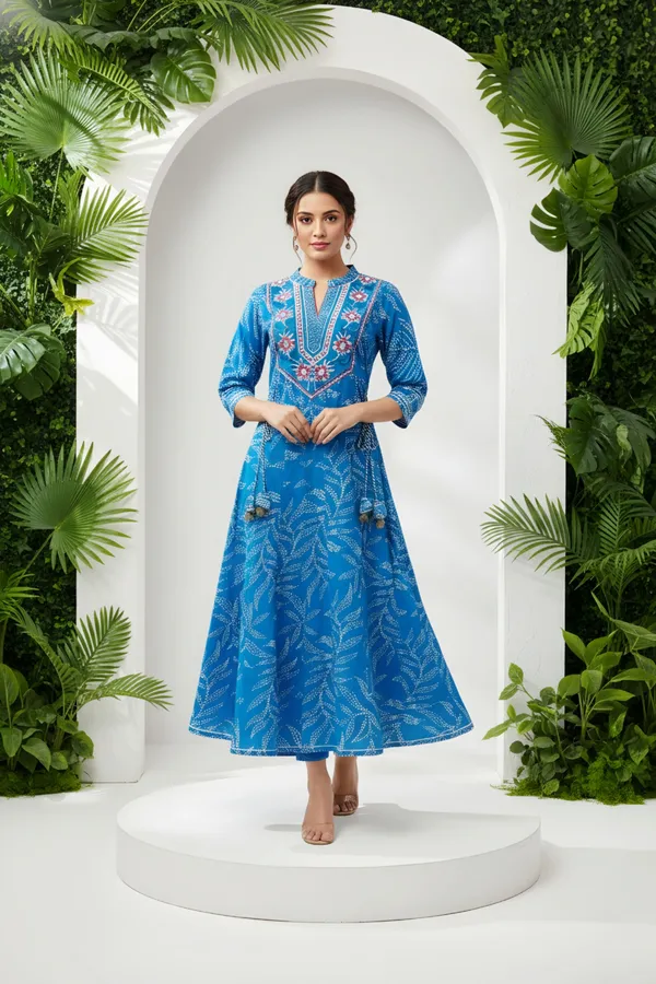 Choice_Turquoise_Cotton_Anarkali_With_Embroidery_Yoke_and_Tussles