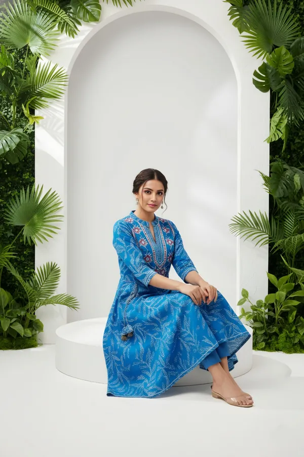 Choice_Turquoise_Cotton_Anarkali_With_Embroidery_Yoke_and_Tussles