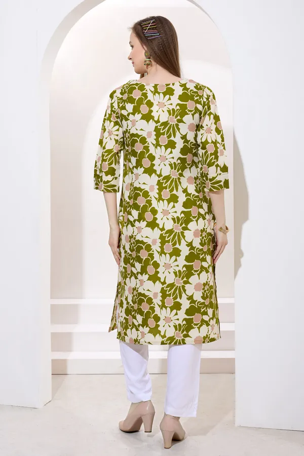 Mehandi_Green_Linen_Cotton_Round_Neck_Women_Long_Kurta