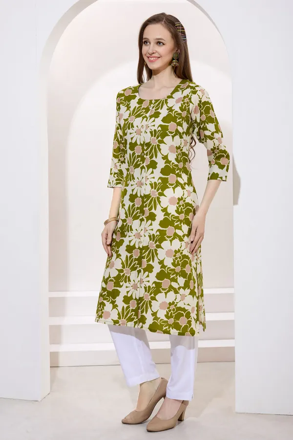 Mehandi_Green_Linen_Cotton_Round_Neck_Women_Long_Kurta