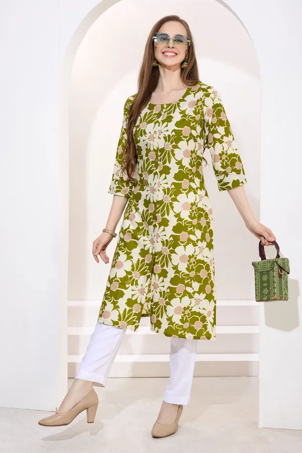 Mehandi_Green_Linen_Cotton_Round_Neck_Women_Long_Kurta