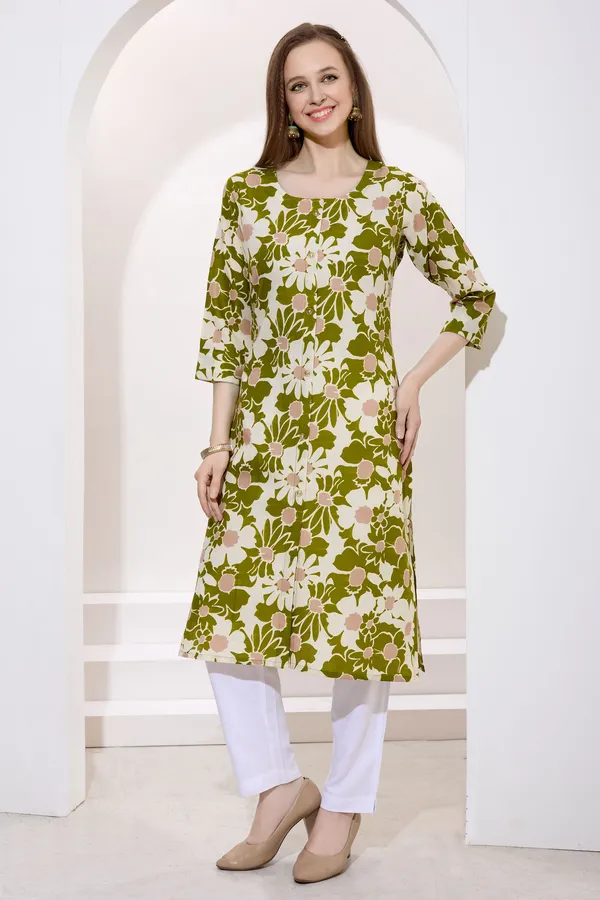 Mehandi_Green_Linen_Cotton_Round_Neck_Women_Long_Kurta
