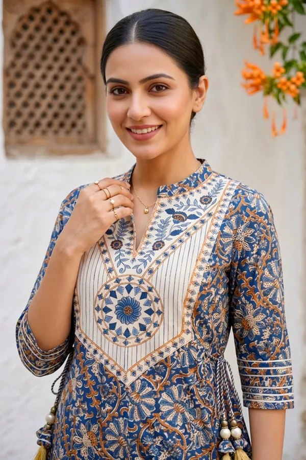Ink_Blue_Jaipuri_Cotton_Anarkali_With_Embroidery_Yoke_and_Tussles