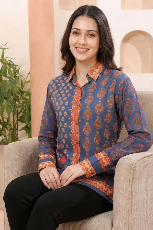 Classic_Cobalt_Modal_Silk_Printed_Shirt_Style_Tunic_Top_for_Women