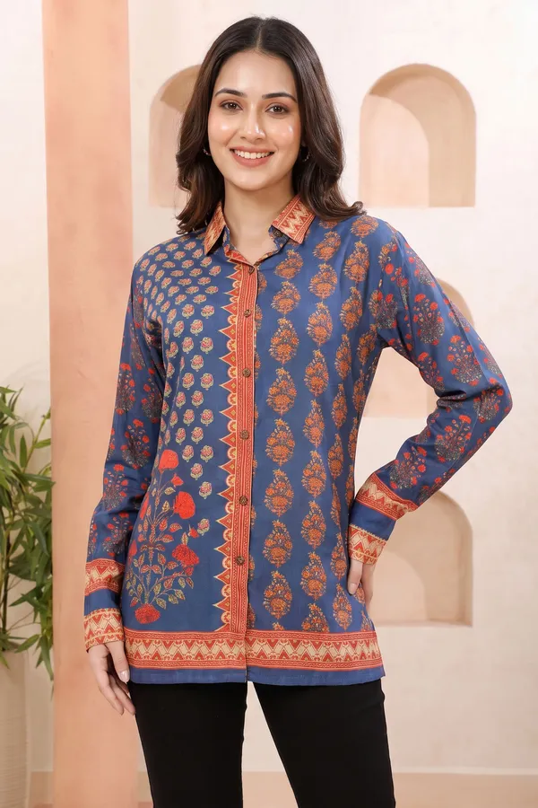 Classic_Cobalt_Modal_Silk_Printed_Shirt_Style_Tunic_Top_for_Women