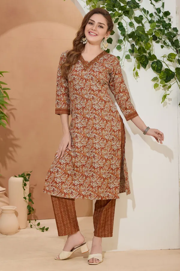 Dusty_Rust_V_Neck_Kurti_Pant_Suit_For_Women