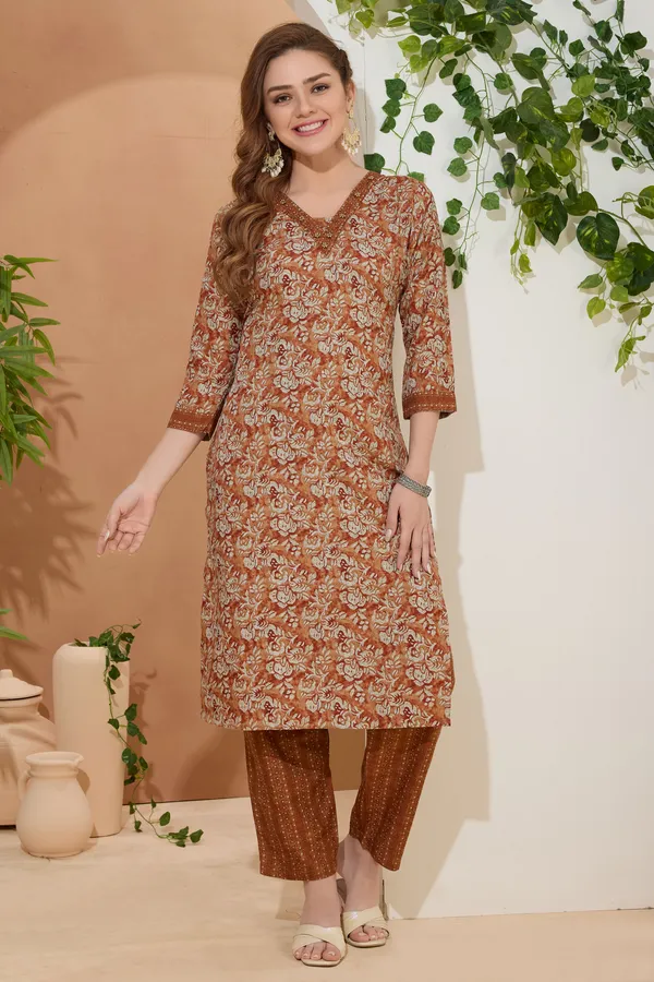 Dusty_Rust_V_Neck_Kurti_Pant_Suit_For_Women