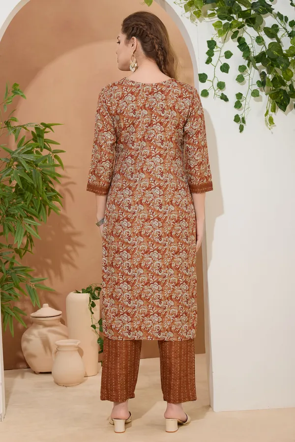 Dusty_Rust_V_Neck_Kurti_Pant_Suit_For_Women