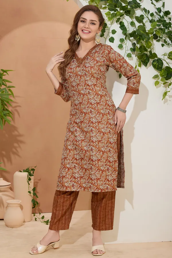 Dusty_Rust_V_Neck_Kurti_Pant_Suit_For_Women