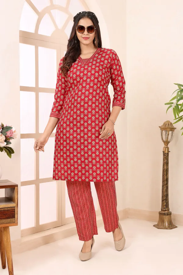 Rose_Red_V_Neck_Kurti_Pant_Suit_For_Women