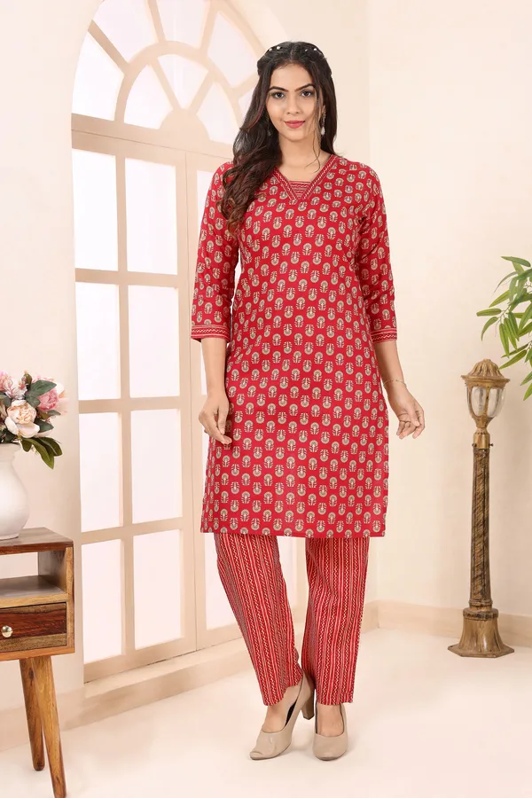 Rose_Red_V_Neck_Kurti_Pant_Suit_For_Women
