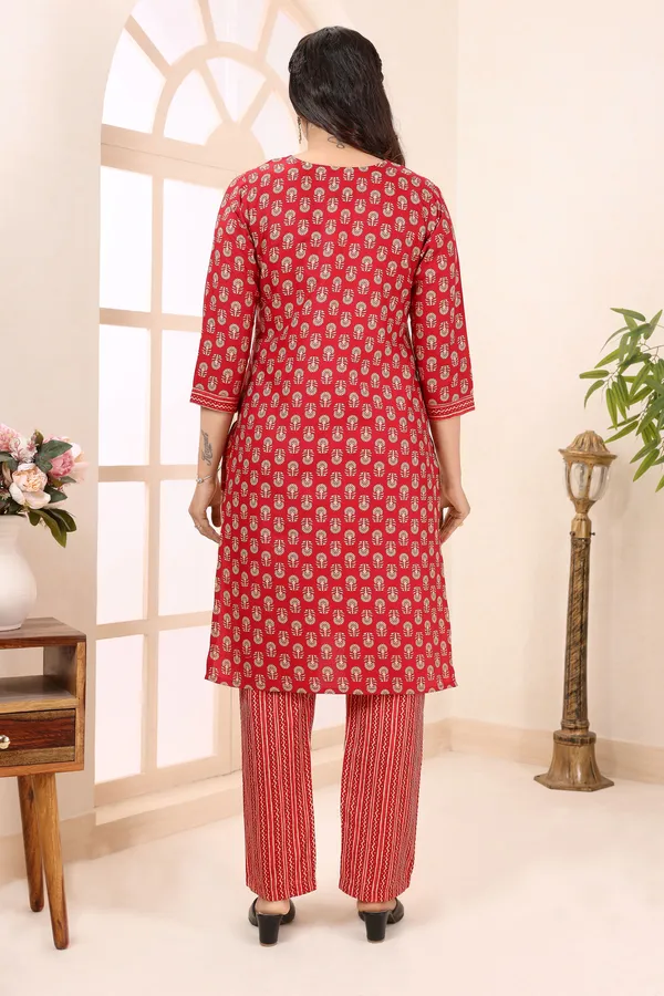 Rose_Red_V_Neck_Kurti_Pant_Suit_For_Women