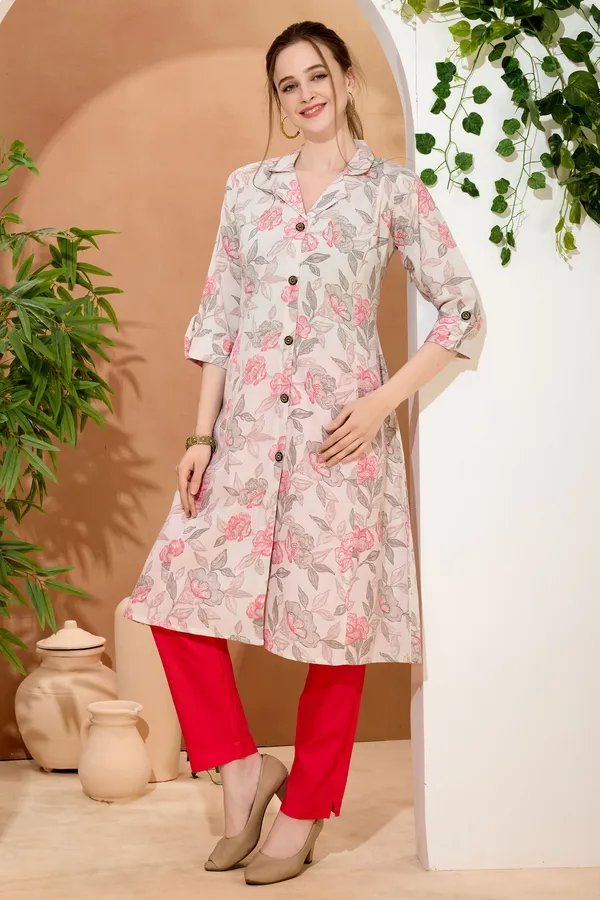 Pink_Rose_Flower_Print_Linen_Cotton_Princess_Cut_Long_Kurta_For_Women